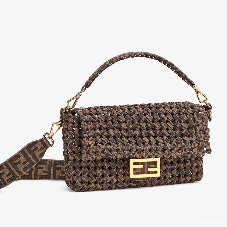 Cheap HOT Baguette In Medium Interlace Bag Coffee Fendi Fabric 0729